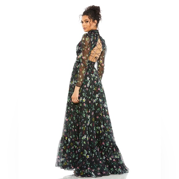 MAC DUGGAL FLORAL HIGH NECK PUFF SLEEVE GOWN - Picture 2 of 3